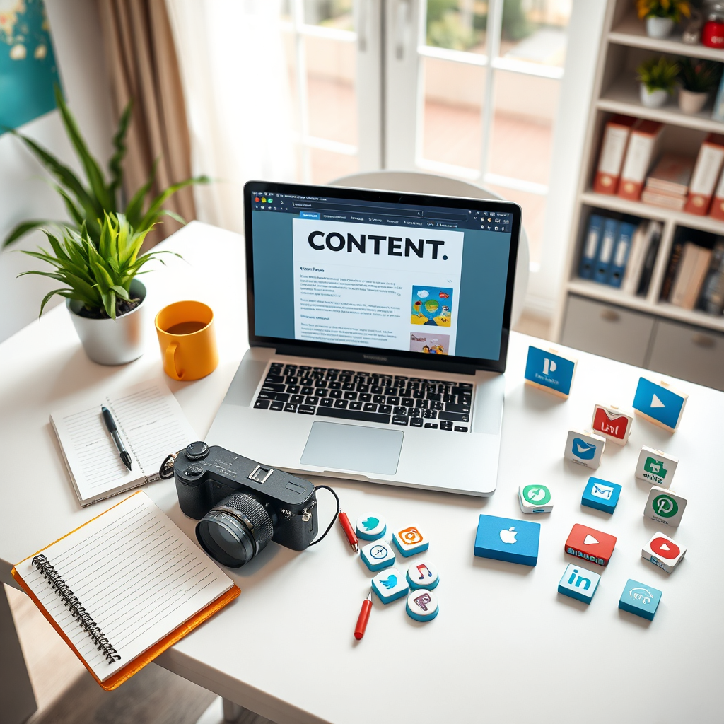 A photorealistic image displaying various tools representing content creation. There's a laptop displaying a blog post, a notepad with handwritten notes, a camera, and various icons representing video and audio content. The items are arranged on a clean, modern desk in a well-lit home office. The color palette is bright and inspiring, emphasizing creativity and productivity. Capture from a bird's-eye view, ensuring all items are clearly visible. High-resolution rendering with detailed textures.