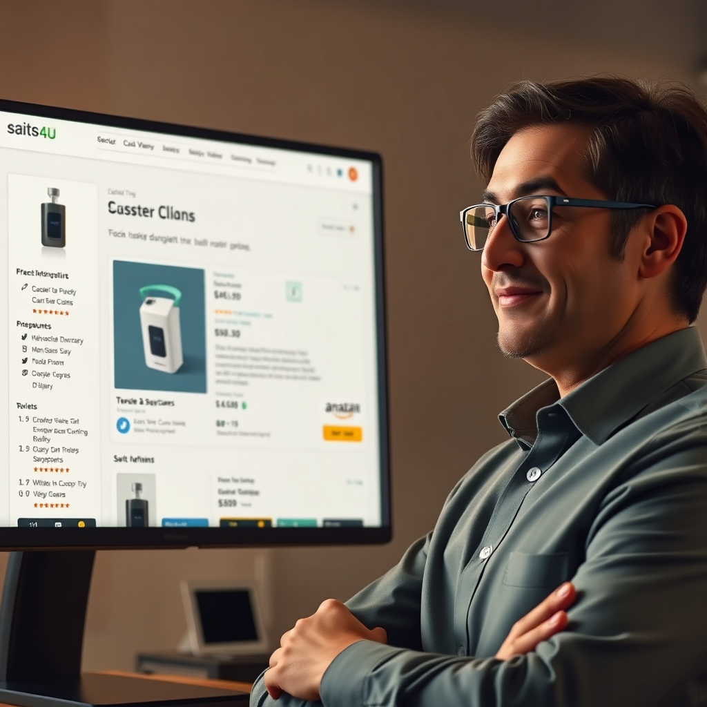 A photorealistic image featuring a person confidently selecting a product from a suggestion list on the SAITS4U Amazon Marketplace. The screen displays detailed product information and positive reviews. The lighting is warm and inviting. The color palette is professional and trustworthy, with shades of green and gray.