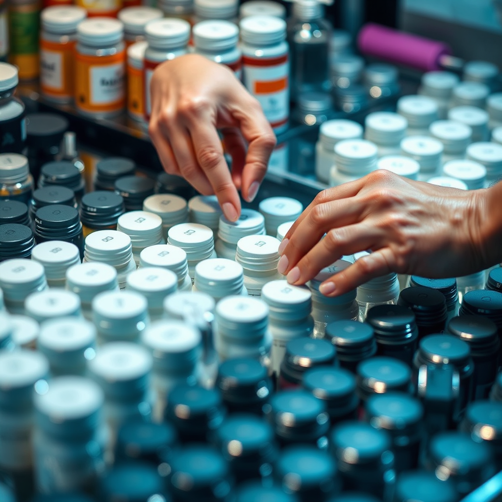 A photorealistic image featuring hands meticulously arranging products in a visually appealing display. Focus on quality and attention to detail.