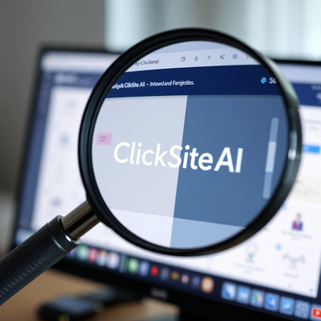 A photorealistic image featuring a magnifying glass hovering over the ClickSite.AI interface displayed on a computer screen. The interface should be clearly visible, showcasing various features and tools. The lighting should be focused on the screen, creating a sense of scrutiny and detailed examination. The background should be blurred, emphasizing the in-depth analysis. The color palette should be neutral, with subtle highlights on key features. The texture of the magnifying glass and the screen should be highly detailed. The camera angle should be close-up, capturing the intensity of the review. The overall style should be clean and professional, suggesting thorough investigation. 8k resolution.