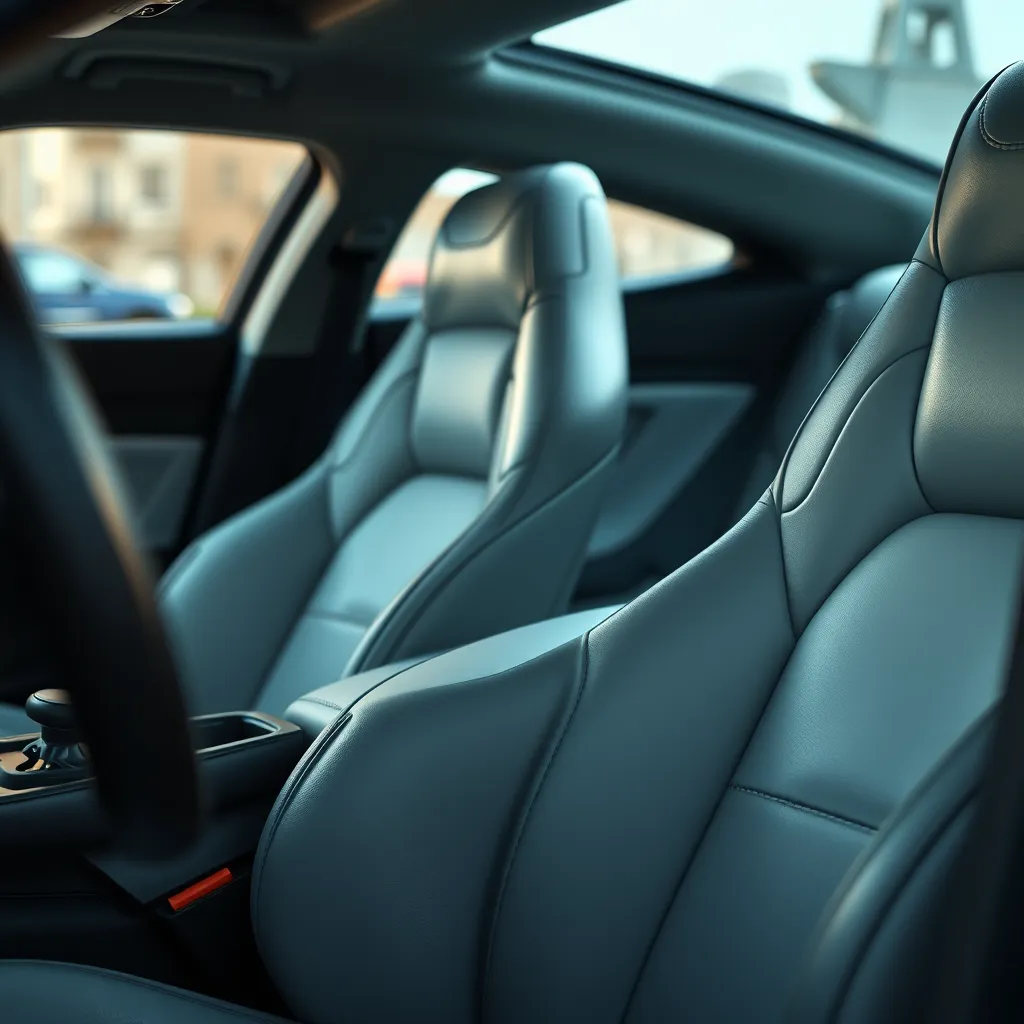 A photorealistic image focusing on a close-up detail of a car's interior. The image could showcase a clean and polished dashboard, spotless seats, or a perfectly restored leather steering wheel. The image should emphasize the meticulous attention to detail in our car detailing service.
