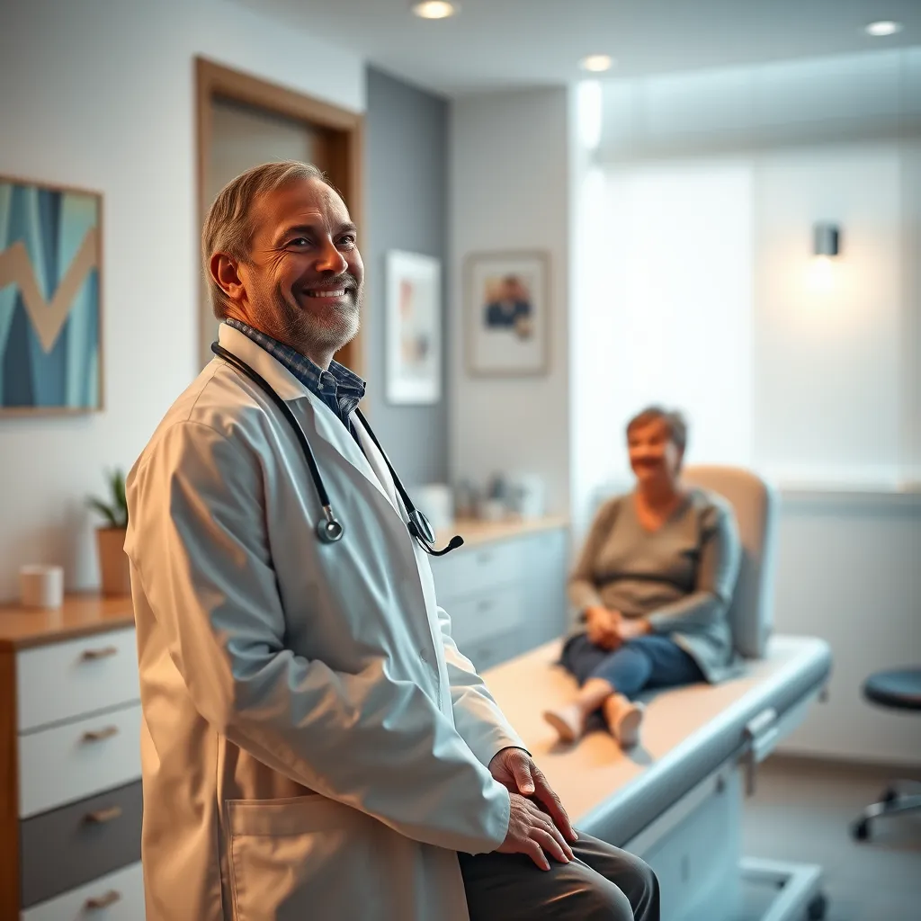 A photorealistic image in 8K resolution, showcasing a warm and inviting doctor's office. The scene features a doctor in a white coat, smiling warmly at a patient who is sitting on an examination table. The room is bathed in soft, diffused lighting, creating a calming and reassuring atmosphere. The doctor is holding a stethoscope, symbolizing their expertise and attentiveness. The walls are adorned with calming colors and artwork, adding a touch of warmth and personality.  The patient appears relaxed and at ease, reflecting a sense of trust and confidence. The composition focuses on the doctor and patient interaction, conveying a sense of personalized care and attention. The overall mood is one of peace, optimism, and health.  The image should be in the style of a renowned medical photographer, emphasizing realism and high-quality detail.