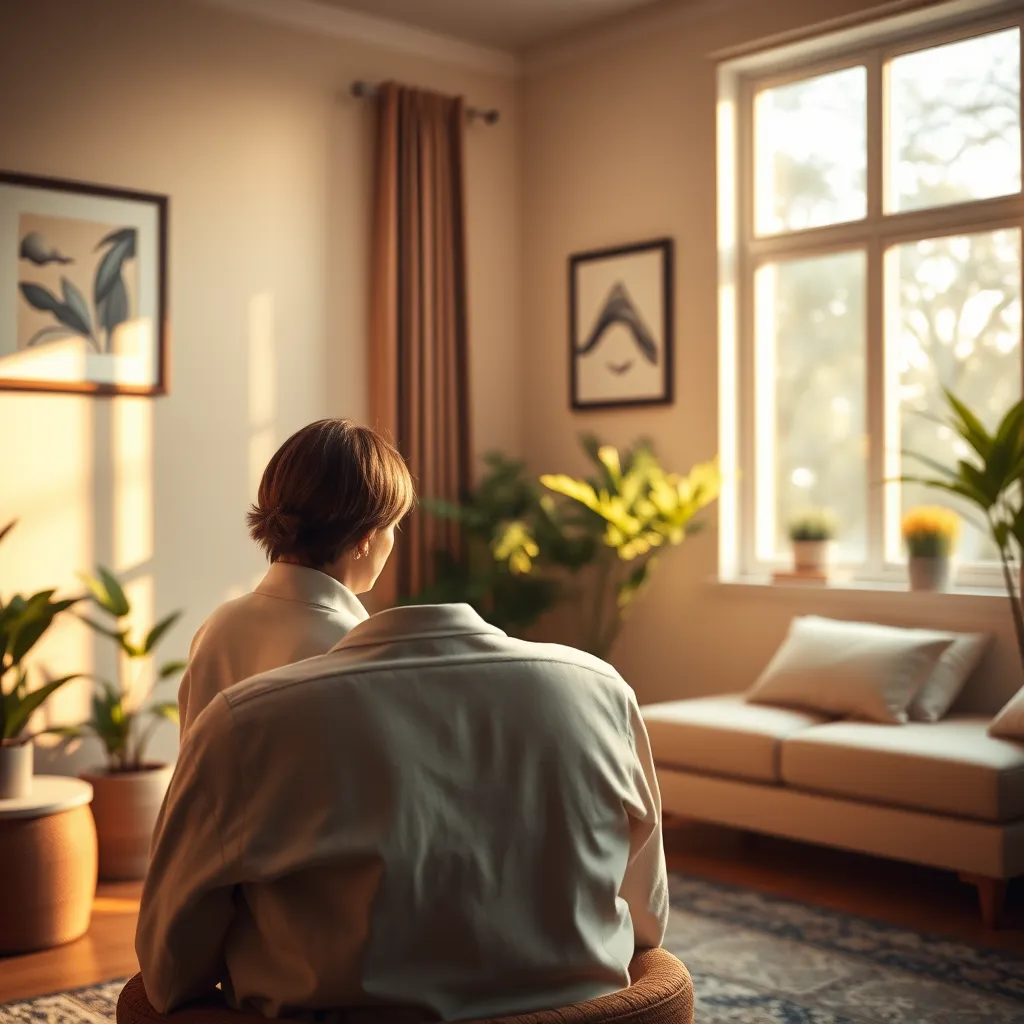 A photorealistic image in 8K resolution of a serene counseling room bathed in warm, natural light streaming through a large window. A therapist, dressed in a calm, professional attire, sits across from a client, their faces obscured but their body language suggesting active listening and empathy. The room is decorated with calming elements such as plants, soft lighting, and artwork that evokes a sense of peace. The image should convey a sense of trust, comfort, and hope.  The perspective is from the client's viewpoint, looking at the therapist. Render the image with hyperrealistic detail, capturing the texture of the therapist's clothes, the subtle nuances of the client's expression, and the intricate patterns in the room's décor. The overall mood should be one of warmth and understanding, promoting a feeling of safety and support.