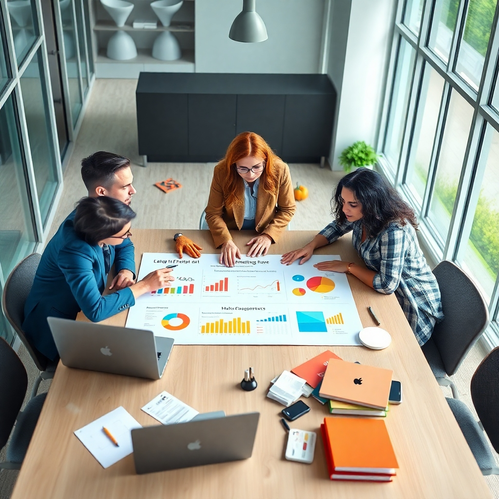 A photorealistic image in ultra-high definition (8K) showing a brainstorming session around a large table. Three diverse professionals, possibly a marketing expert, a writing coach, and a successful freelance writer, are collaboratively reviewing data on a large screen or whiteboard.  The setting is a modern, bright office with floor-to-ceiling windows, providing ample natural light.  The color palette is vibrant, incorporating energetic blues and greens with pops of orange and yellow to represent creativity and data visualization. The camera angle is slightly high, showing the participants from a slightly above angle, giving a sense of overview and collaboration.  The lighting is bright but diffused, eliminating harsh shadows.  The textures include the smooth surface of the table, the matte finish of the whiteboard, and the texture of the clothing.  The style should emulate a high-end corporate branding shot, capturing the professional yet dynamic atmosphere of a marketing and planning session. Include details like charts, graphs, and keywords related to niche marketing. The background should include partially visible laptops, scattered notepads, and strategically placed marketing books.  Focus should be on the collaborative and analytical nature of identifying a lucrative writing niche.