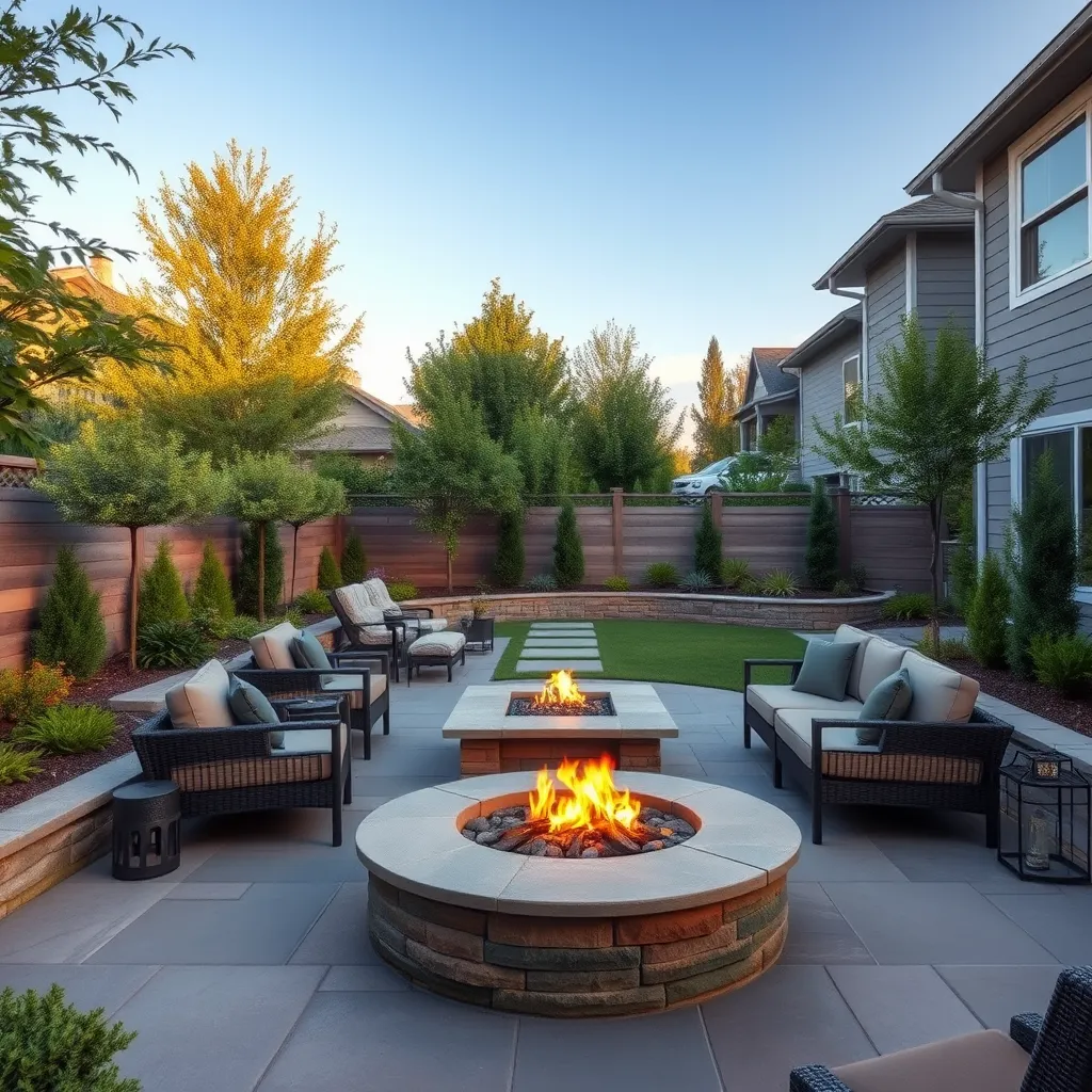 A photorealistic image of a backyard with a custom-designed patio area featuring a fire pit, comfortable seating, and lush greenery. The image should showcase a mix of hardscaping and landscaping elements, creating a functional and inviting outdoor living space.