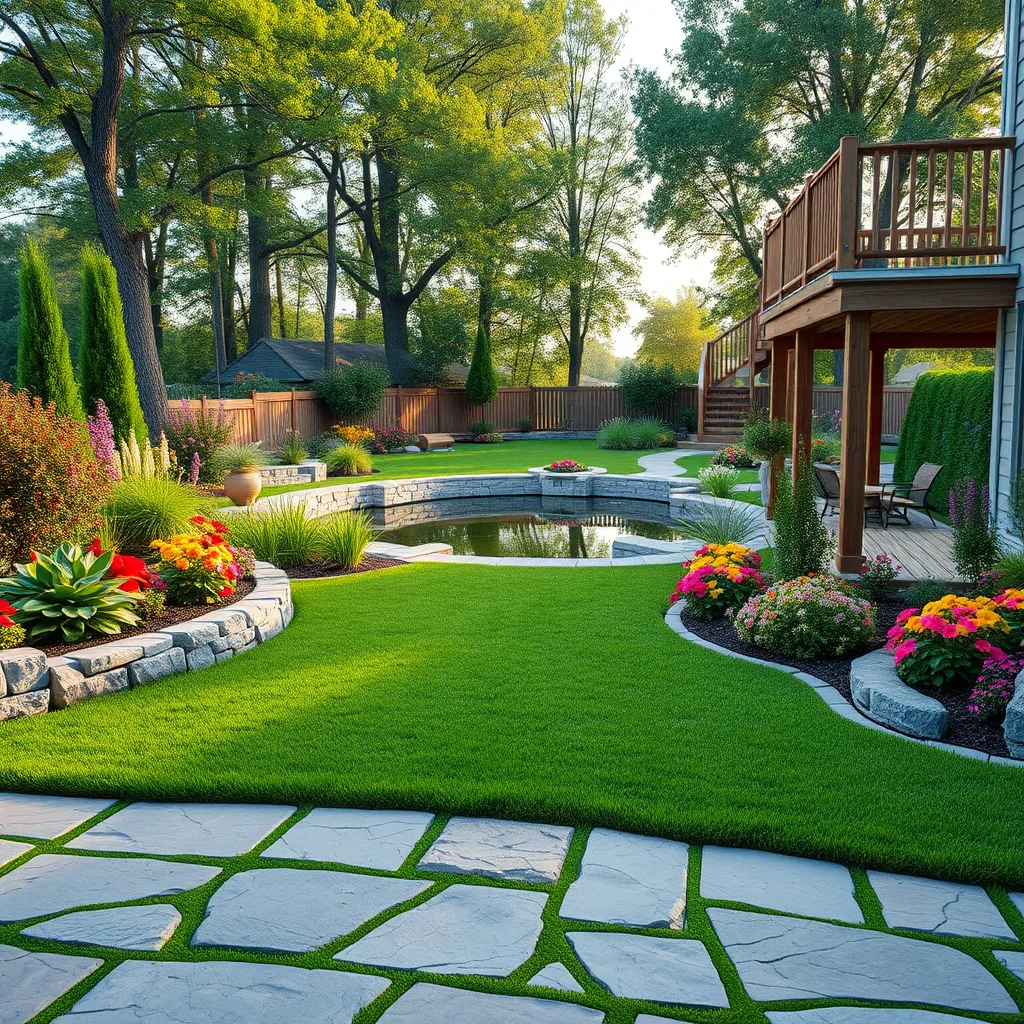 A photorealistic image of a beautifully landscaped backyard with a stone patio, lush green grass, colorful flowerbeds, and a wooden deck overlooking a serene pond. The image should capture the transformation of a typical backyard into a stunning outdoor oasis.