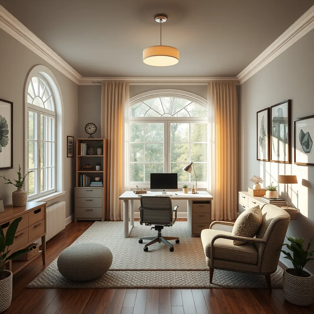 A photorealistic image of a beautifully designed home office. It should feature a spacious desk, comfortable seating, natural light, and inspiring decor. The image should convey a sense of calm, focus, and productivity, showcasing how SAITS4U designs can create a positive impact on the user's experience.