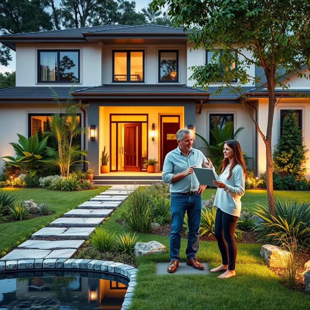 A photorealistic image of a beautiful, modern home with a meticulously designed front yard featuring a mix of lush greenery, decorative stone pathways, and a water feature. The homeowner is standing near the front door, smiling and gesturing towards the landscape, while a SAITS4U Landscaping designer is beside them, holding a digital tablet and pointing at the landscape plan.