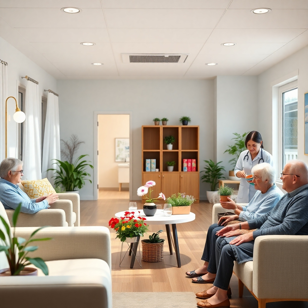 A photorealistic image of a bright, clean, and modern senior care facility. Show comfortable rooms, common areas with seniors engaged in activities like gardening or art, and friendly staff interacting with residents. Focus on details that convey comfort, safety and a homelike environment. High resolution, natural lighting