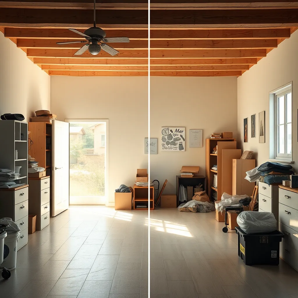 A photorealistic image of a bright and spacious room with minimal clutter, highlighting a sense of calmness and order. The image should show the space before and after SAITS4U's junk removal service, showcasing the transformation.