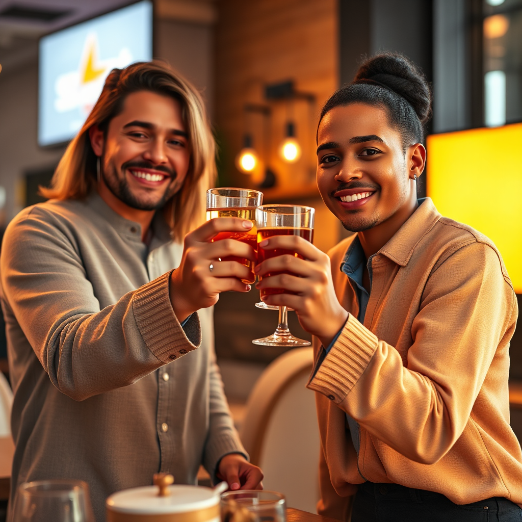 A photorealistic image of a brand team and an influencer celebrating a successful campaign together. They are raising glasses in a toast, symbolizing the strong relationship and shared success. In the background, subtle brand elements reinforce the partnership without being intrusive. Lighting is warm and celebratory, creating a sense of camaraderie and achievement. Color palette is vibrant and celebratory, reflecting the success of the campaign. Camera angle is a medium shot, capturing the expressions of the brand team and the influencer. Texture details should be hyperrealistic, showcasing the details of the glasses, the celebratory atmosphere, and the people's expressions. Style reference: a blend of team celebration aesthetics and modern marketing. 8K resolution.