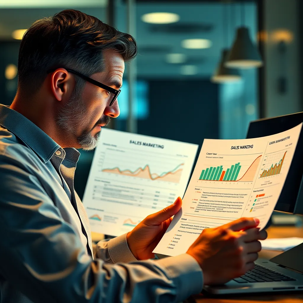 A photorealistic image of a business owner reviewing a sales report filled with leads generated from content marketing. The report should showcase a positive conversion rate and highlight the effectiveness of content marketing in driving sales.