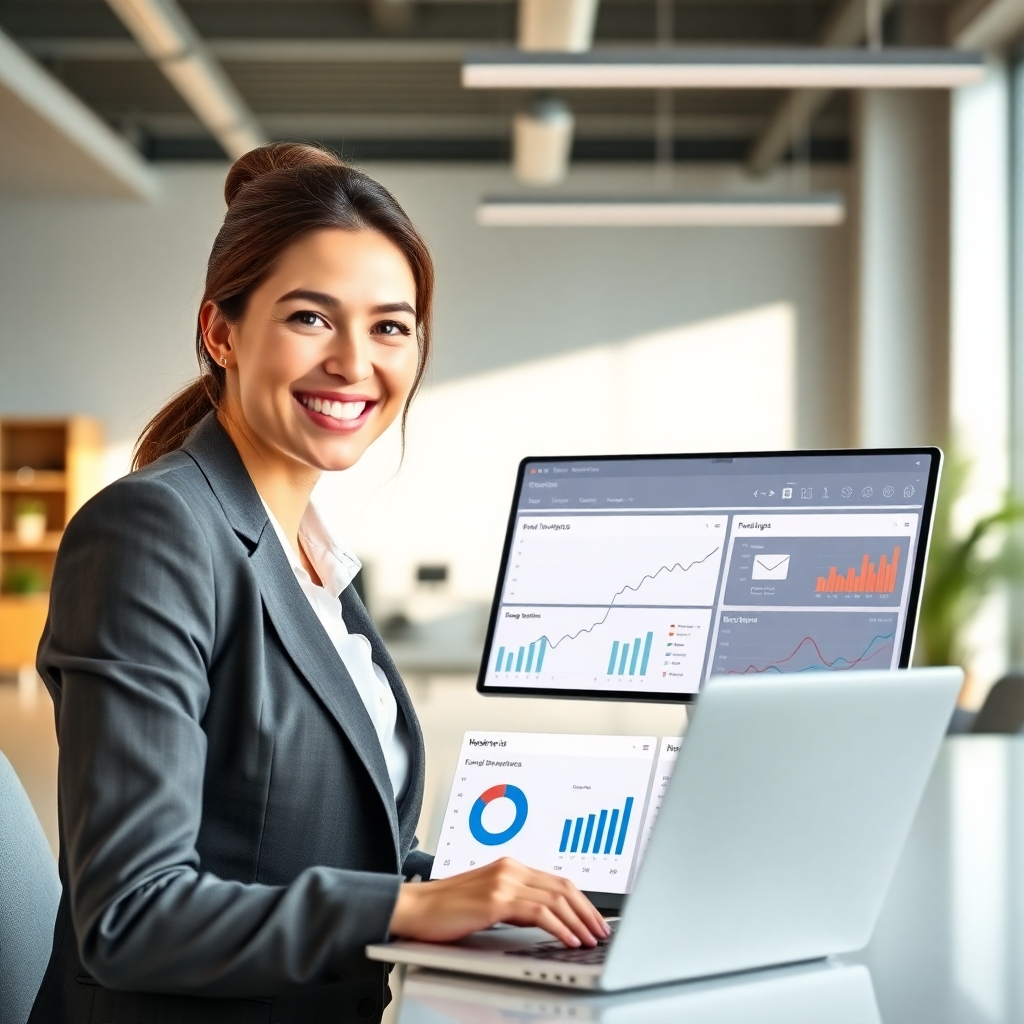 A photorealistic image of a businesswoman smiling confidently at her laptop, showing multiple Systeme.io dashboards displaying email marketing statistics, funnel analytics, e-commerce sales, and blog post performance, all seamlessly integrated on one screen. The background should be a modern, minimalist office space with natural light.