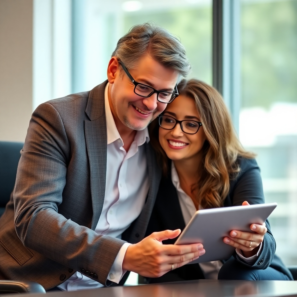 A photorealistic image of a business coach mentoring a client, providing support and guidance. The image should convey trust, confidence, and success.