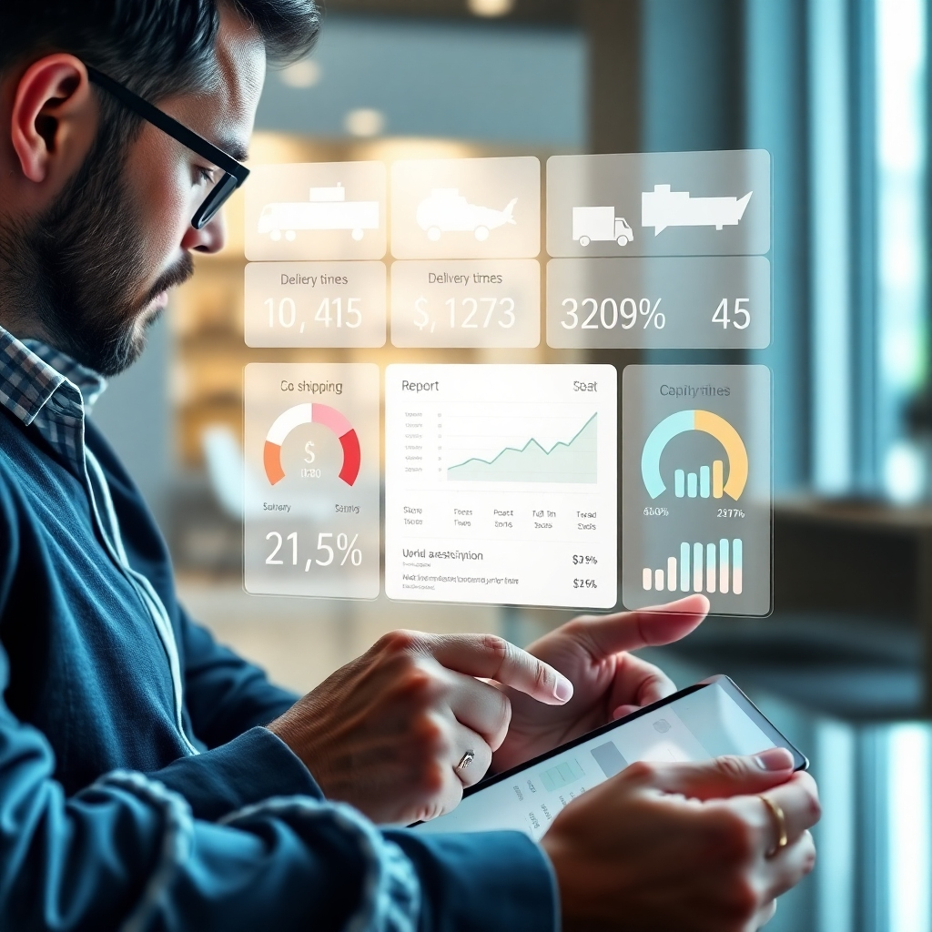 A photorealistic image of a business owner reviewing a report on a tablet, with various shipping options and data visualizations projected on a holographic display above the tablet.  The display should clearly show different metrics like cost, delivery times, and customer satisfaction. The style should be modern and clean, showcasing technology's role in efficient decision-making.