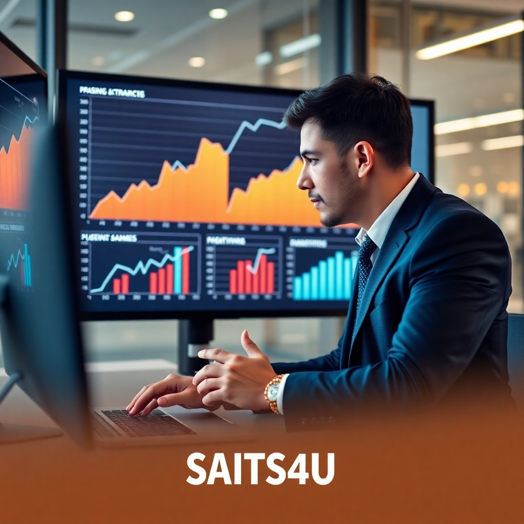 A photorealistic image of a business person analyzing data on a large screen, with graphs and charts showcasing positive upward trends. The scene should communicate success and data-driven decision-making.  A subtle SAITS4U logo could be part of the background.