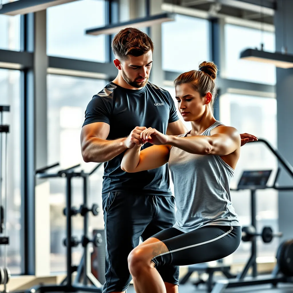A photorealistic image of a certified personal trainer in a modern gym setting. The trainer is demonstrating a proper exercise technique to a client. The gym is well-lit with natural light streaming in through large windows. The client is engaged and focused on the exercise, showing visible progress and determination. The image should convey a sense of motivation, support, and personalized attention. The style should be similar to a fitness magazine photoshoot, with high-quality lighting, sharp details, and dynamic composition. Render at 8K resolution with hyperrealistic detail and lifelike textures.