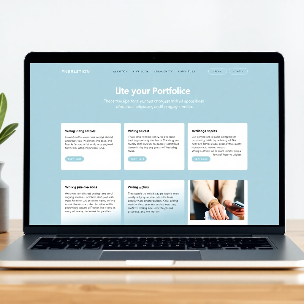 A photorealistic image of a clean, modern website portfolio showcasing diverse high-quality writing samples, with a laptop in the background, subtly emphasizing professionalism and success. The color scheme should be calming and sophisticated, with a focus on clear typography and visual hierarchy.  The image should evoke a feeling of trust and competence.