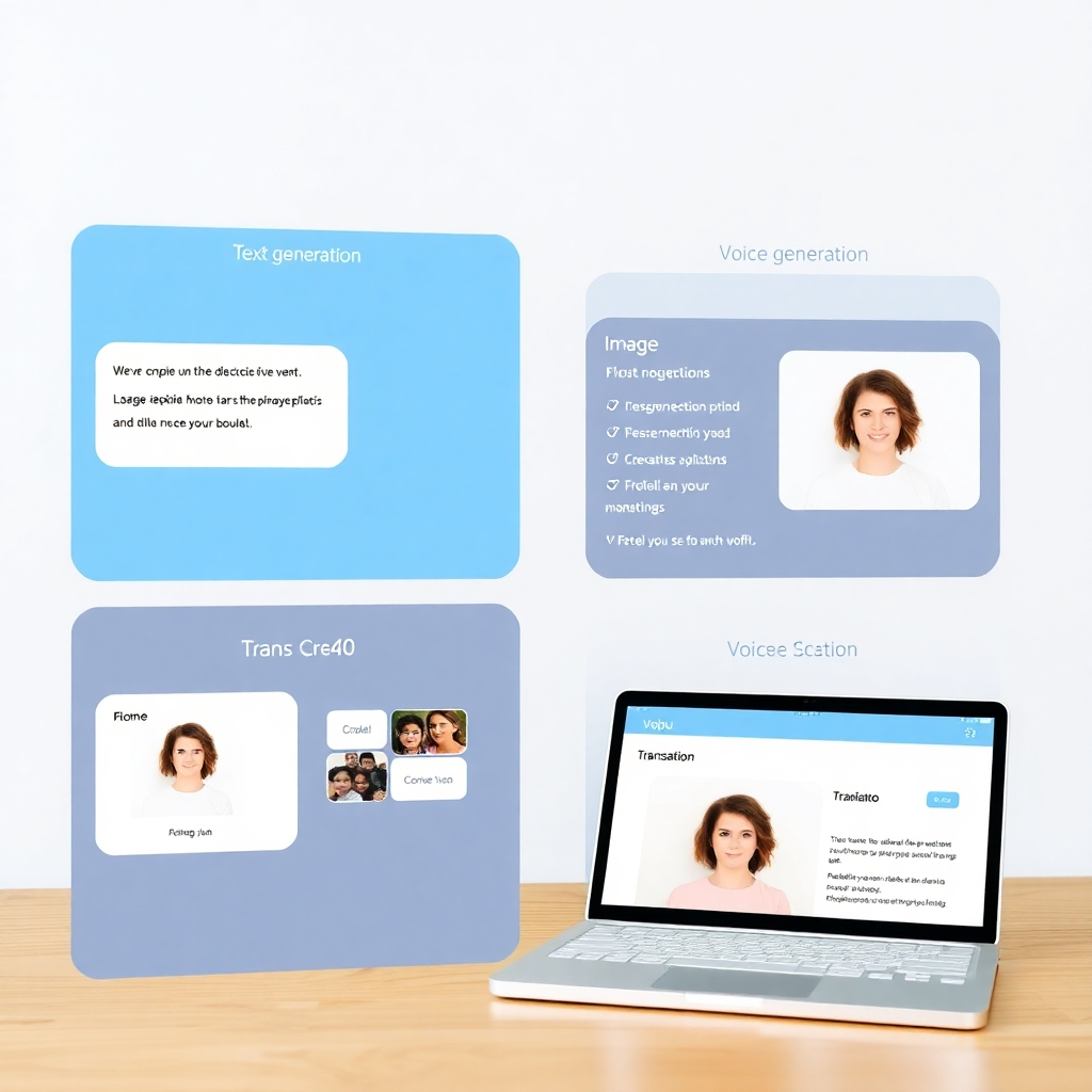 A photorealistic image of a clean, modern interface showcasing the various features of SAITS4U (text generation, voice generation, image creation, translation). The image must be well-lit and easily show the main features of the application.  The style should be clean and modern, emphasizing functionality and ease of use.
