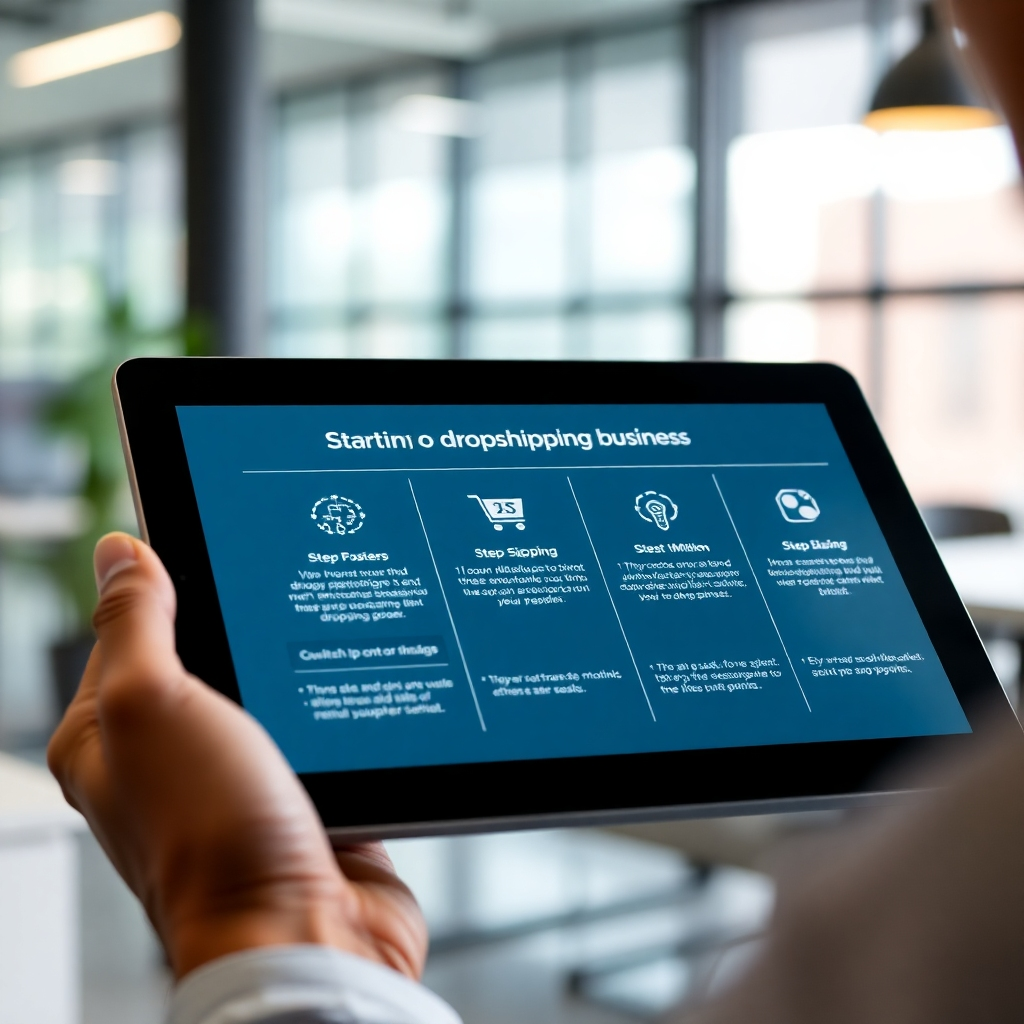 A photorealistic image of a clear, concise infographic outlining the steps to starting a dropshipping business. Each step is represented by a unique icon and a brief description. The infographic is displayed on a digital tablet held by a person in a modern office setting. Soft, natural lighting illuminates the scene. A shallow depth of field keeps the focus on the tablet and the infographic. Camera angle: Close-up, slightly angled to show the details of the tablet.