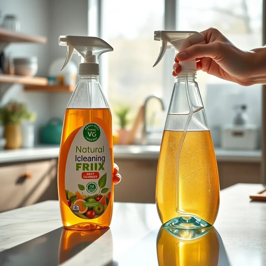 A photorealistic image of a cleaner carefully applying an eco-friendly cleaning product to a countertop in a modern kitchen. The image should focus on the cleaning product's packaging, highlighting its natural ingredients and eco-friendly label. The background should be a clean and organized kitchen with natural light streaming in.