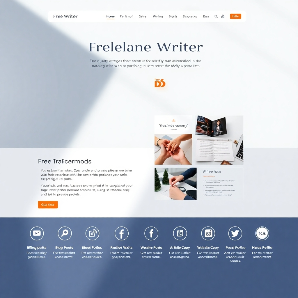 A photorealistic image of a clean and modern website design showcasing a freelance writer's portfolio. The website should feature high-quality images, a well-structured layout, and testimonials from satisfied clients. The portfolio section should highlight diverse writing samples, including blog posts, articles, website copy, and marketing materials.  The image should subtly show various social media icons linking to the writer's active profiles. The overall mood should communicate professionalism, credibility, and a strong online presence.