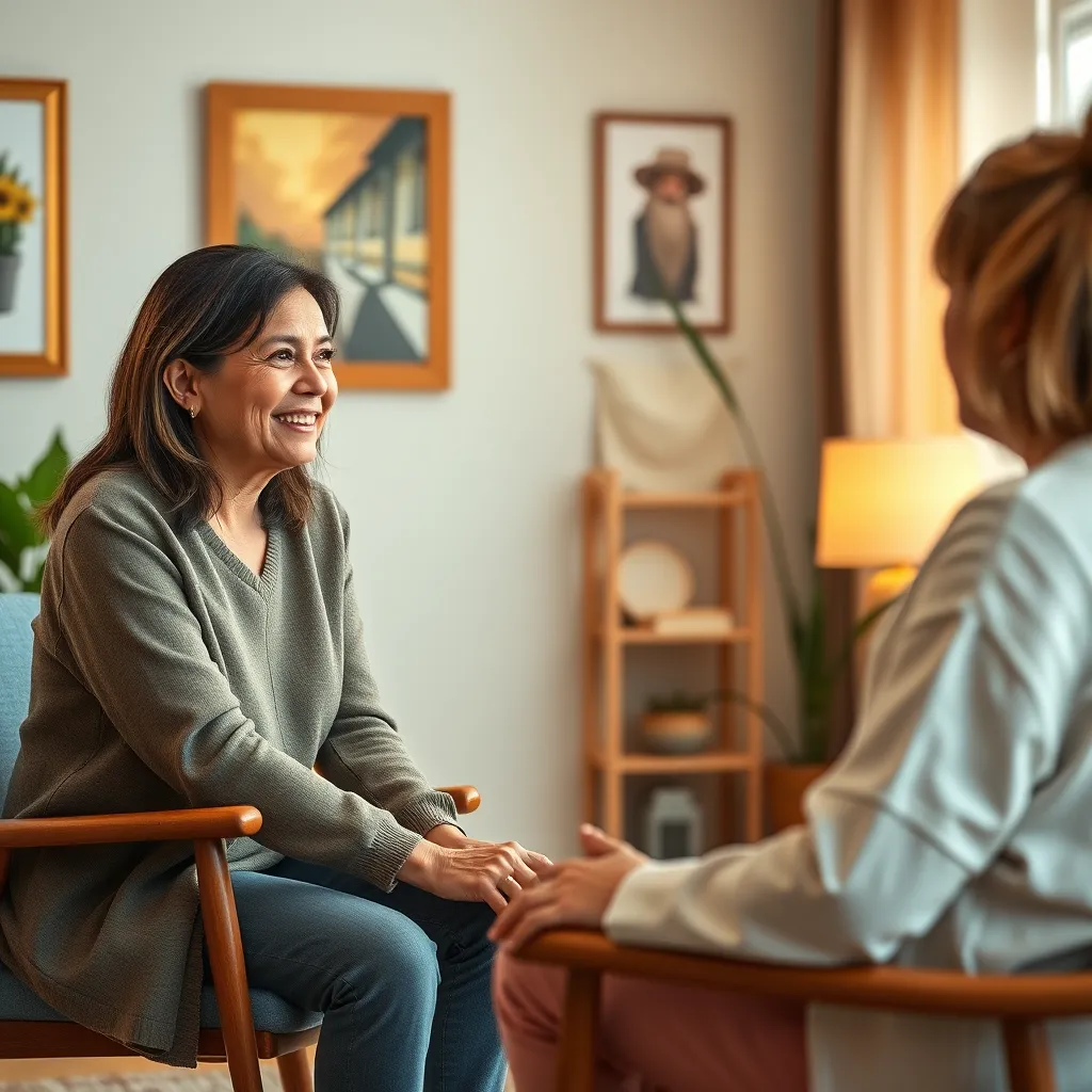 A photorealistic image of a counselor and client sitting across from each other in a warm, inviting room. The counselor is actively listening, with a compassionate and understanding expression, while the client is expressing their thoughts and feelings. The room is decorated with calming colors and natural elements, creating a safe and comfortable atmosphere.