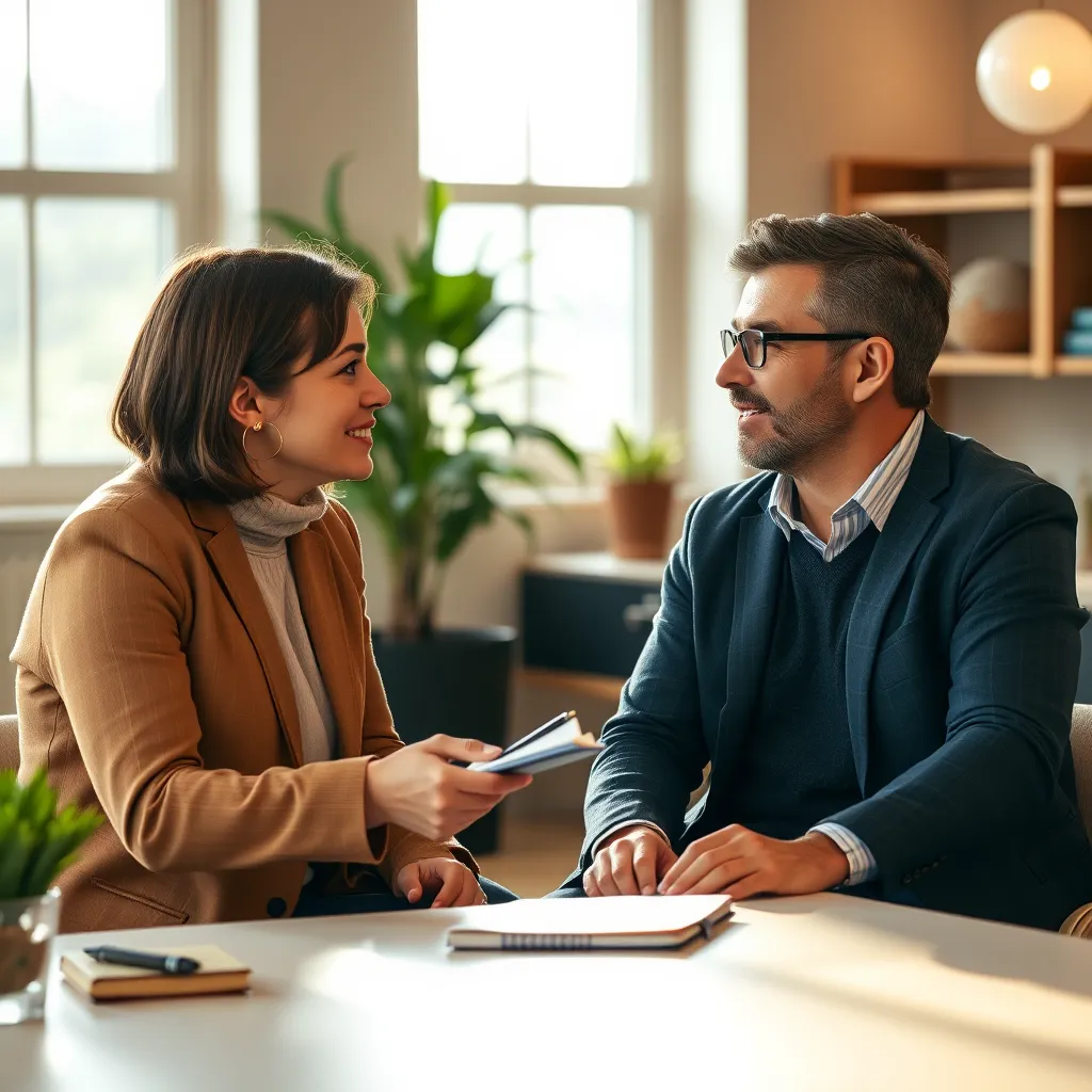 A photorealistic image of a coach and client sitting across from each other at a table, engaged in a conversation. The coach is holding a notebook and pen, while the client is looking thoughtful and hopeful. The background should be a warm and inviting office setting with natural light streaming in.