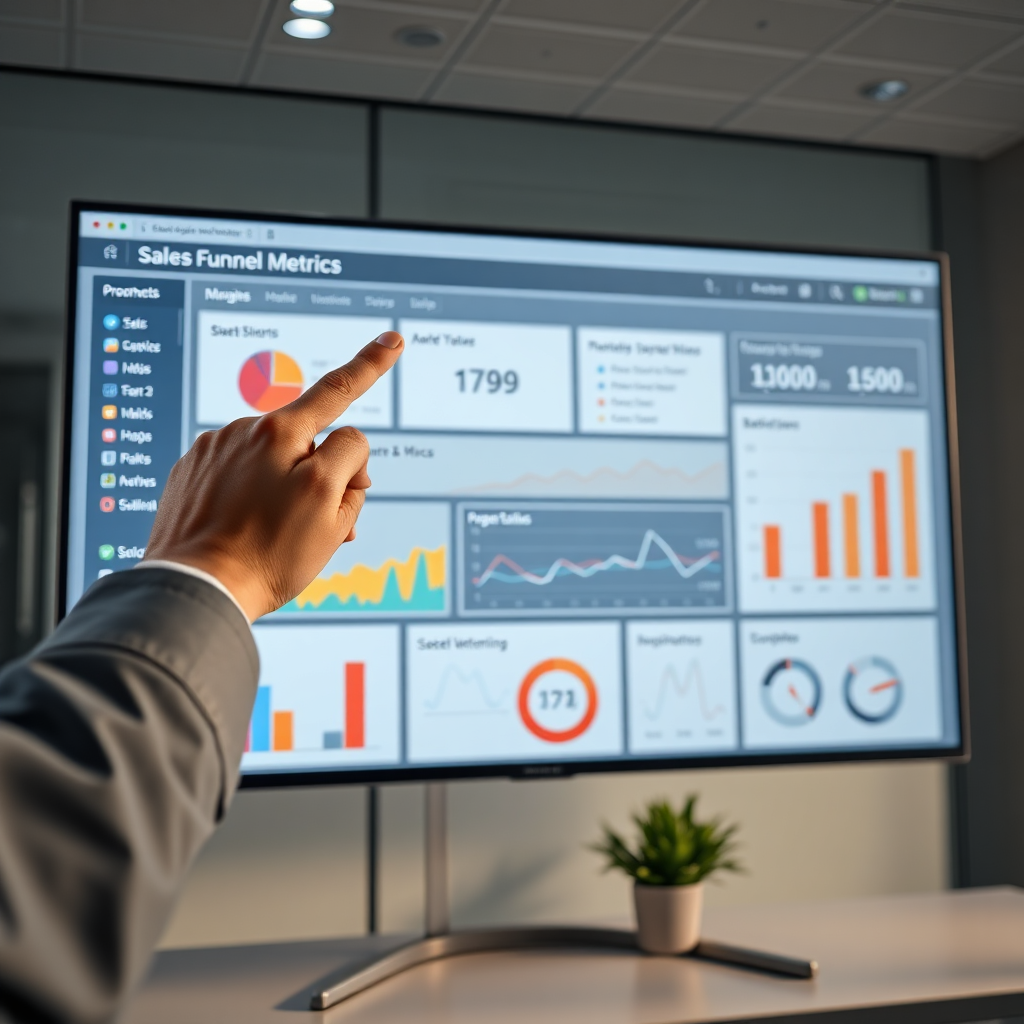 A photorealistic image of a dashboard displaying various charts and graphs representing sales funnel metrics. The dashboard is displayed on a large monitor in a modern office setting. A hand hovers over the screen, pointing at a key data point. Lighting is soft and diffused, highlighting the dashboard display. Camera angle is a medium shot, focusing on the dashboard and the pointing hand. Style: Clean, professional, and data-driven. Technical Specs: 8K resolution, photorealistic rendering with clear data visualizations.