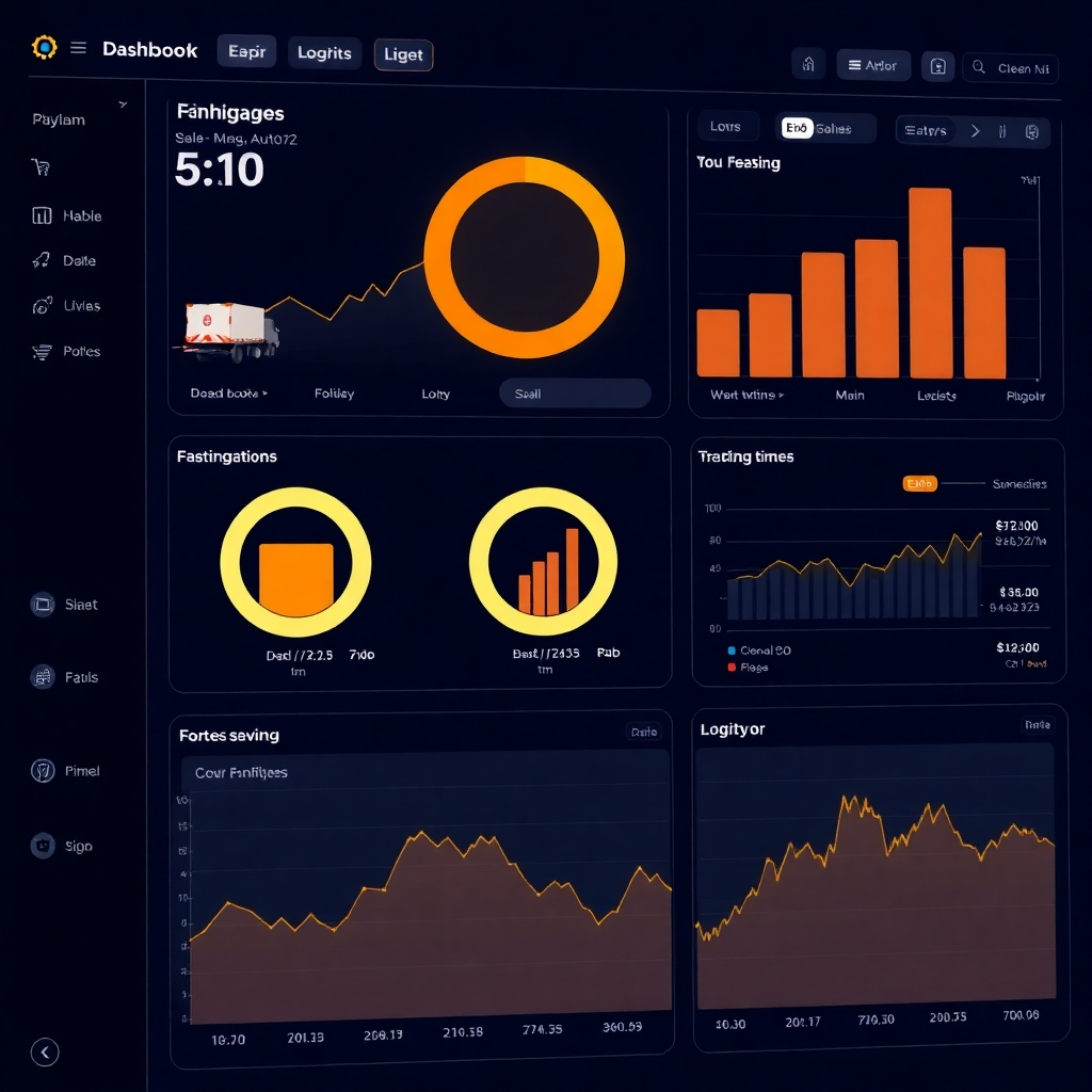 A photorealistic image of a dashboard showing real-time data visualizations of shipping packages, tracking locations, estimated arrival times, and other relevant logistics information. The style should be modern and technology-focused, emphasizing efficient tracking and management.