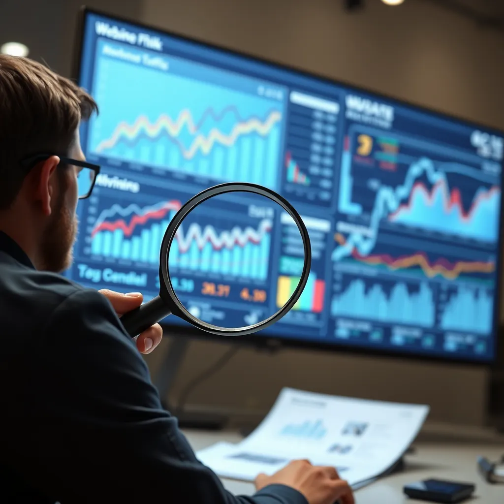 A photorealistic image of a data analyst in front of a large screen displaying charts and graphs representing website traffic, social media engagement, and other key marketing metrics, with a magnifying glass hovering over the screen, emphasizing data-driven decision-making.