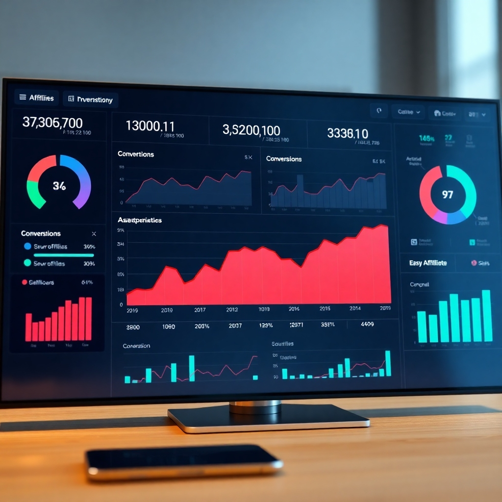 A photorealistic image of a dashboard displaying key metrics and analytics from an affiliate marketing campaign. Focus on graphs representing conversions, sales, and other relevant data.   The design should emphasize data visualization and easy comprehension.