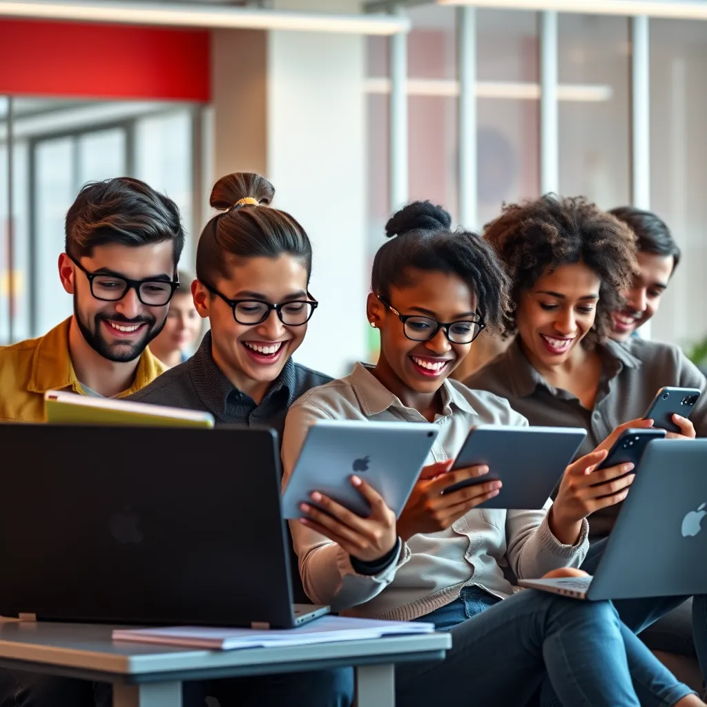 A photorealistic image of a diverse group of people, each engrossed in reading different types of content on various devices like laptops, tablets, and smartphones. They are expressing positive emotions like interest, excitement, and surprise. The background is a modern office setting with vibrant colors and natural light.
