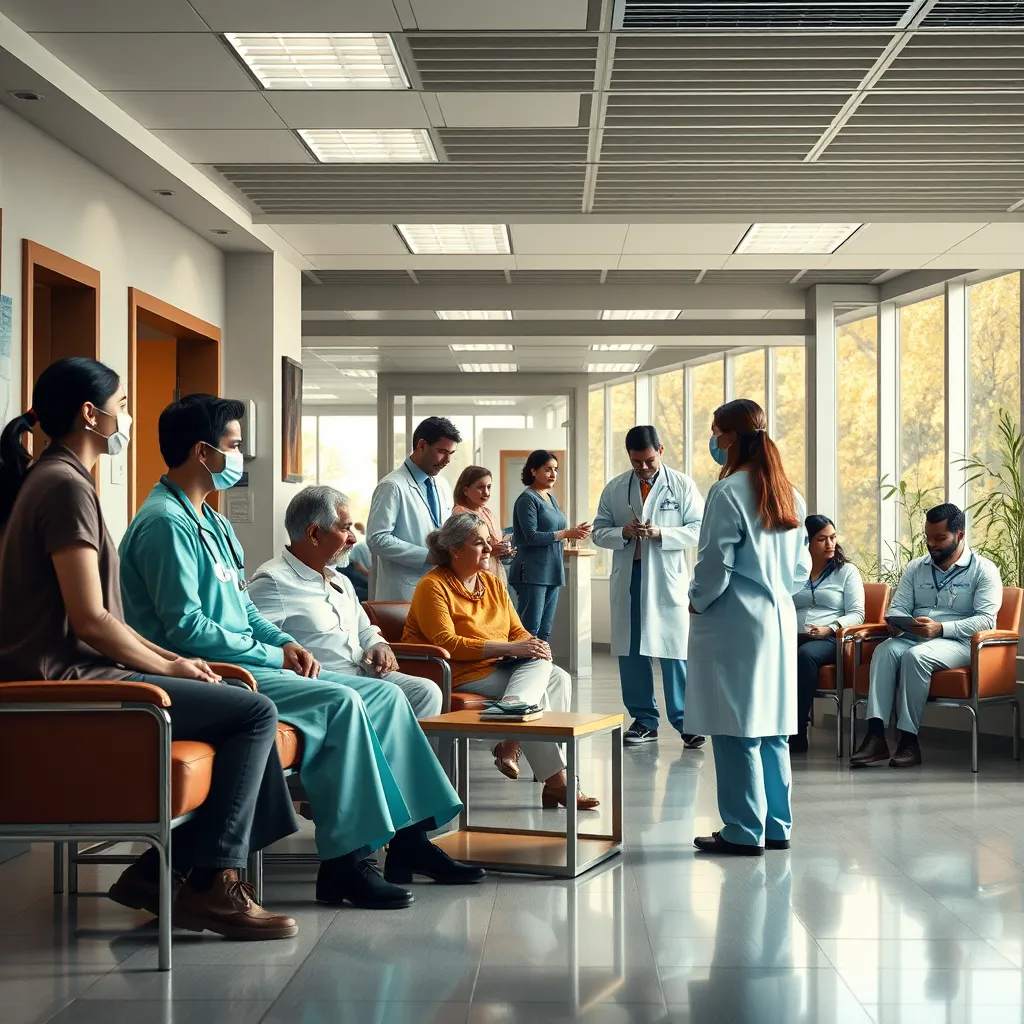 A photorealistic image of a diverse group of people, including patients, doctors, and nurses, interacting in a warm and inviting waiting room. The image should convey a sense of community, comfort, and respect for individual needs.