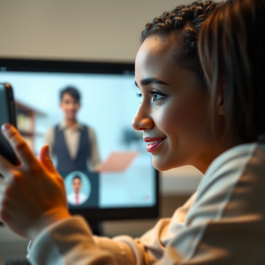 A photorealistic image of a digital human with a kind and understanding expression, actively listening to a customer's concerns during a video chat. The background should subtly suggest a comfortable and supportive environment, focusing attention on the empathetic interaction between the digital human and the customer. The mood should be calm and reassuring.