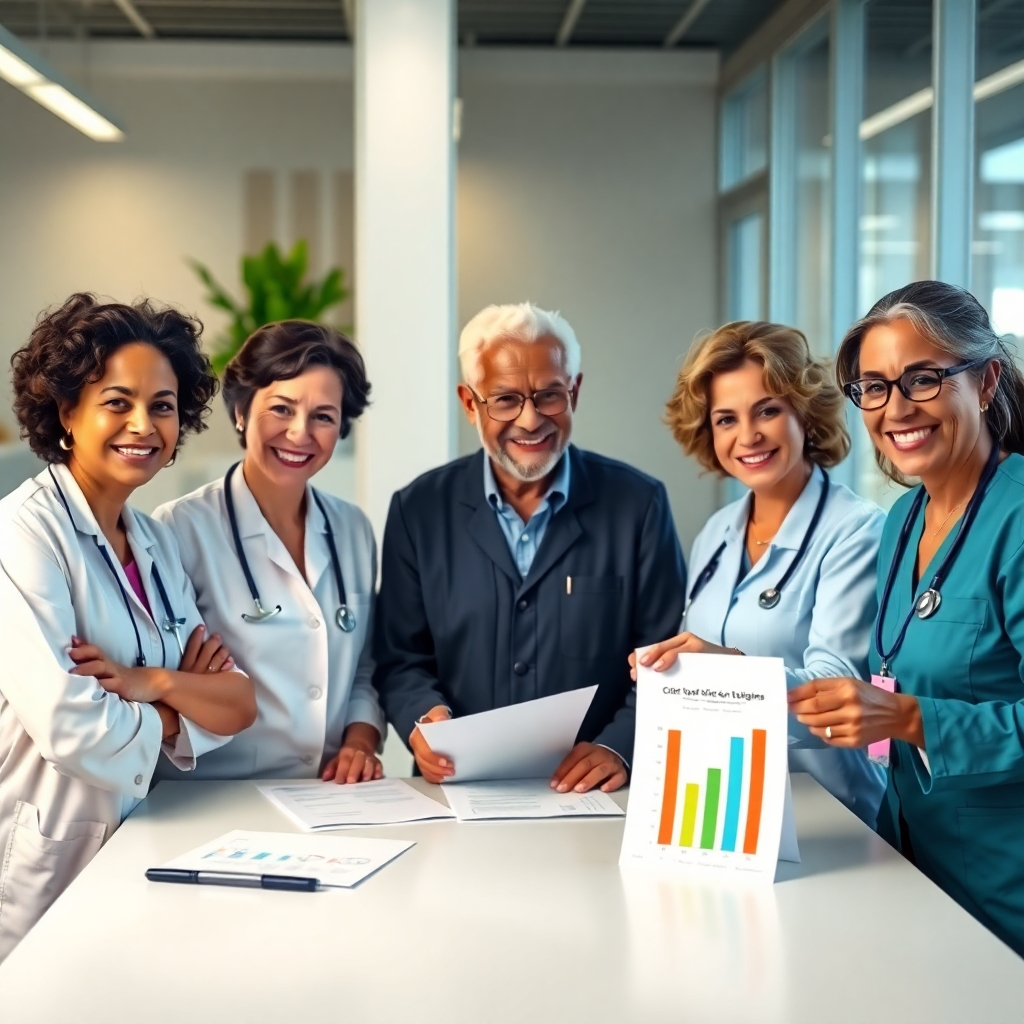A photorealistic image of a diverse team of smiling, professional senior care providers in a clean, modern office setting. They are gathered around a table, looking at documents, and one is pointing to a chart showing positive client outcomes. The image should convey competence, compassion, and teamwork.