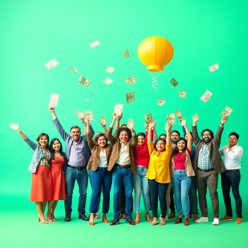 A photorealistic image of a diverse group of people celebrating their financial successes.  Use bright colors and a positive, celebratory atmosphere.