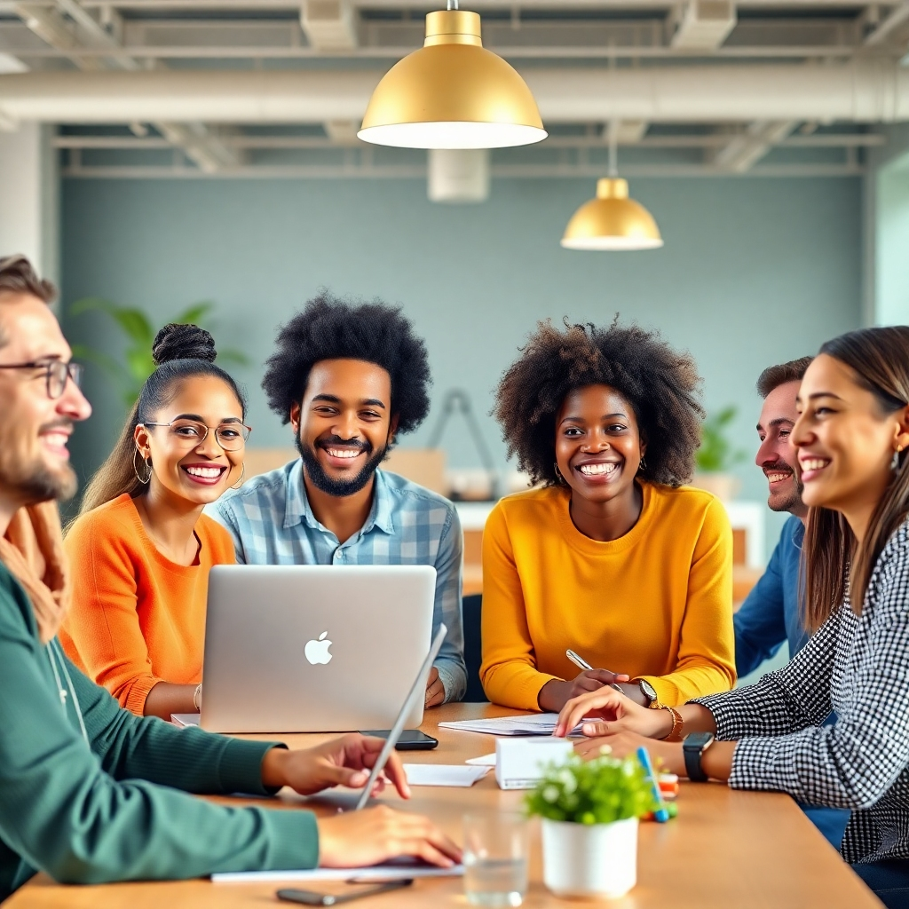 A photorealistic image of a diverse group of people smiling and working collaboratively in a bright and modern co-working space. The color palette is bright, and the lighting is warm and friendly. Aim for a 4K resolution image, hyperrealistic and showcasing community interaction.