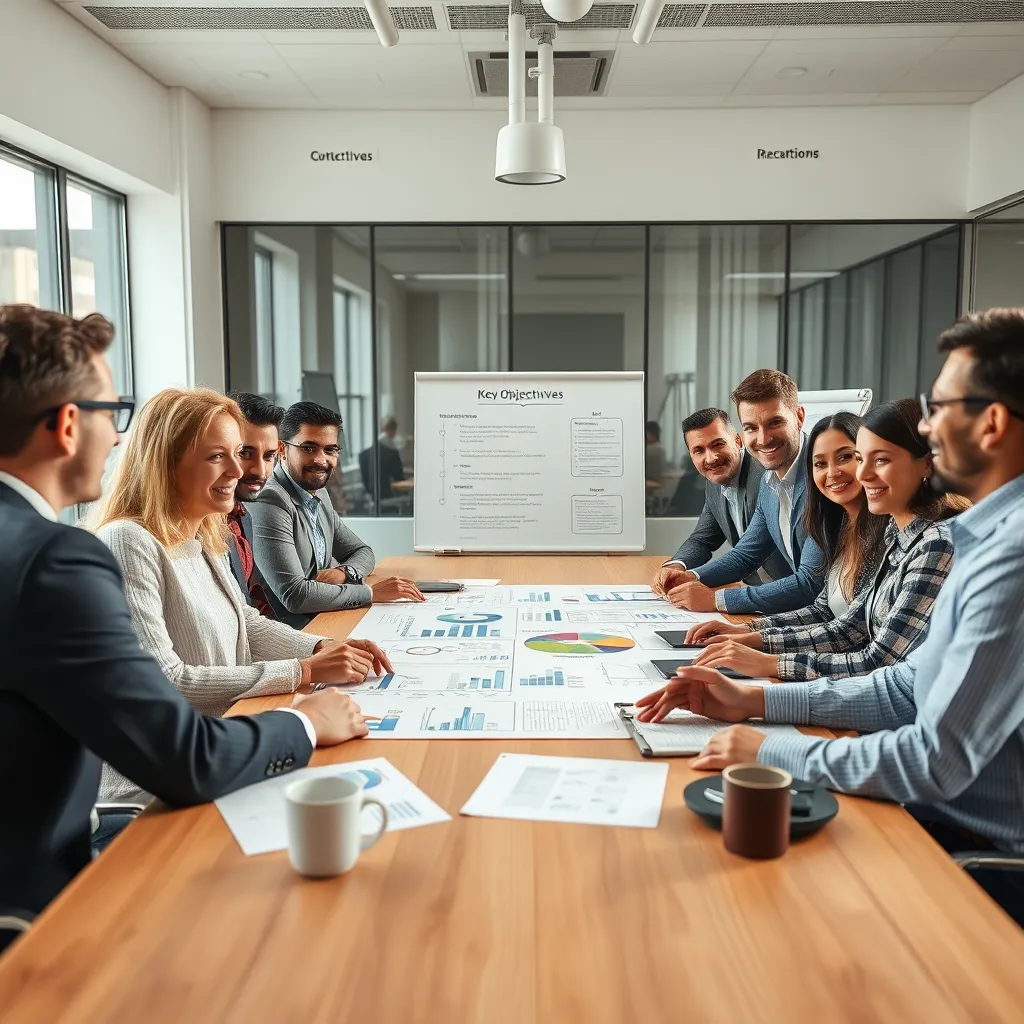A photorealistic image of a diverse team of business professionals gathered around a large table in a modern office setting, collaborating on a strategic plan.  The table is filled with charts, graphs, and notes, and a whiteboard displays key objectives. The lighting is bright and natural, creating a sense of energy and optimism. The camera angle is slightly elevated, capturing a dynamic and engaging scene. The image should be ultra-high resolution and hyperrealistic, emphasizing the details of the faces, clothing, and office environment. Render the scene in a style reminiscent of renowned commercial photographers like Annie Leibovitz or Steve McCurry, capturing the essence of collaboration and innovation.