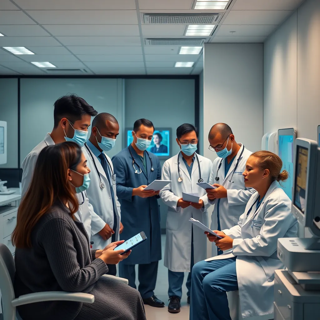 A photorealistic image of a diverse group of doctors in a modern, clean clinic setting, interacting with patients and using advanced medical technology. The image should convey a sense of expertise, compassion, and inclusivity.
