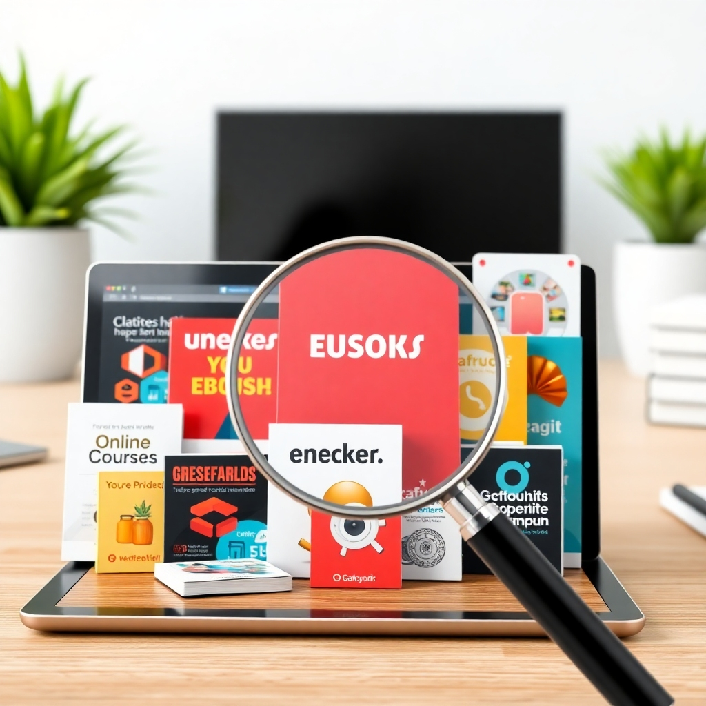 A photorealistic image of a diverse selection of digital products displayed on a tablet, such as ebooks, online courses, and software, with a magnifying glass highlighting one particular product. The background should be a clean, minimalist workspace.  The image should convey clarity, organization, and high-quality products.