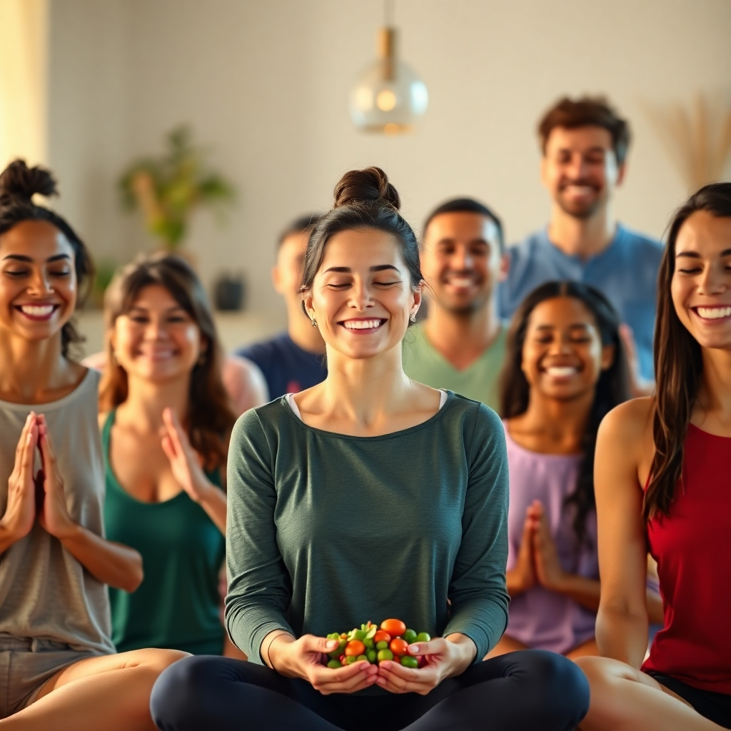 A photorealistic image of a diverse group of people smiling and engaging in various health-promoting activities like yoga, meditation or healthy meal preparation. The image should have warm, inviting lighting, with an overall calming and positive atmosphere. Style similar to a health and wellness magazine.