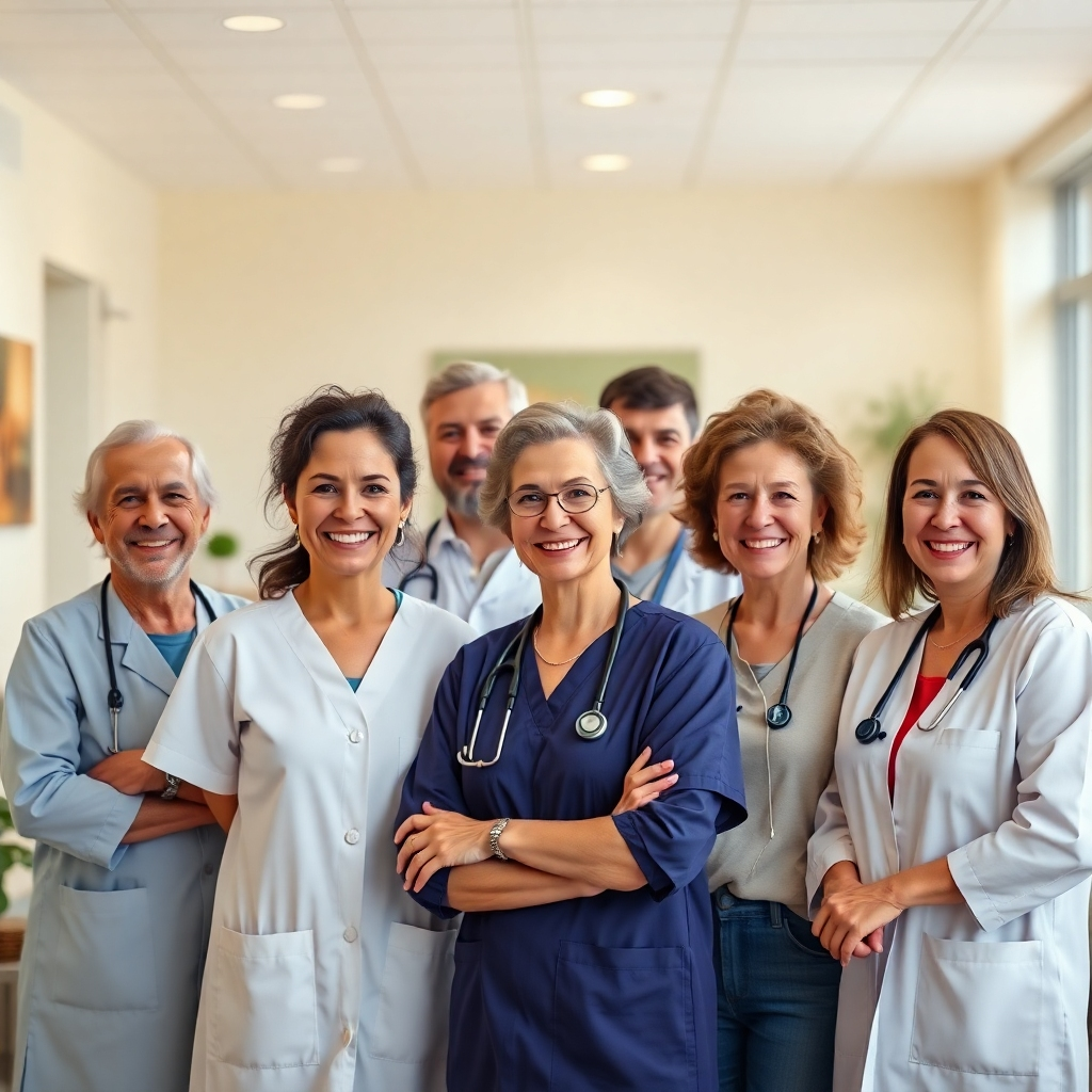 A photorealistic image of a diverse team of senior care providers smiling warmly, standing in a bright and welcoming senior care facility. The background should subtly show happy seniors engaged in activities. The overall mood is one of trust and care. High resolution, detailed textures, cinematic lighting