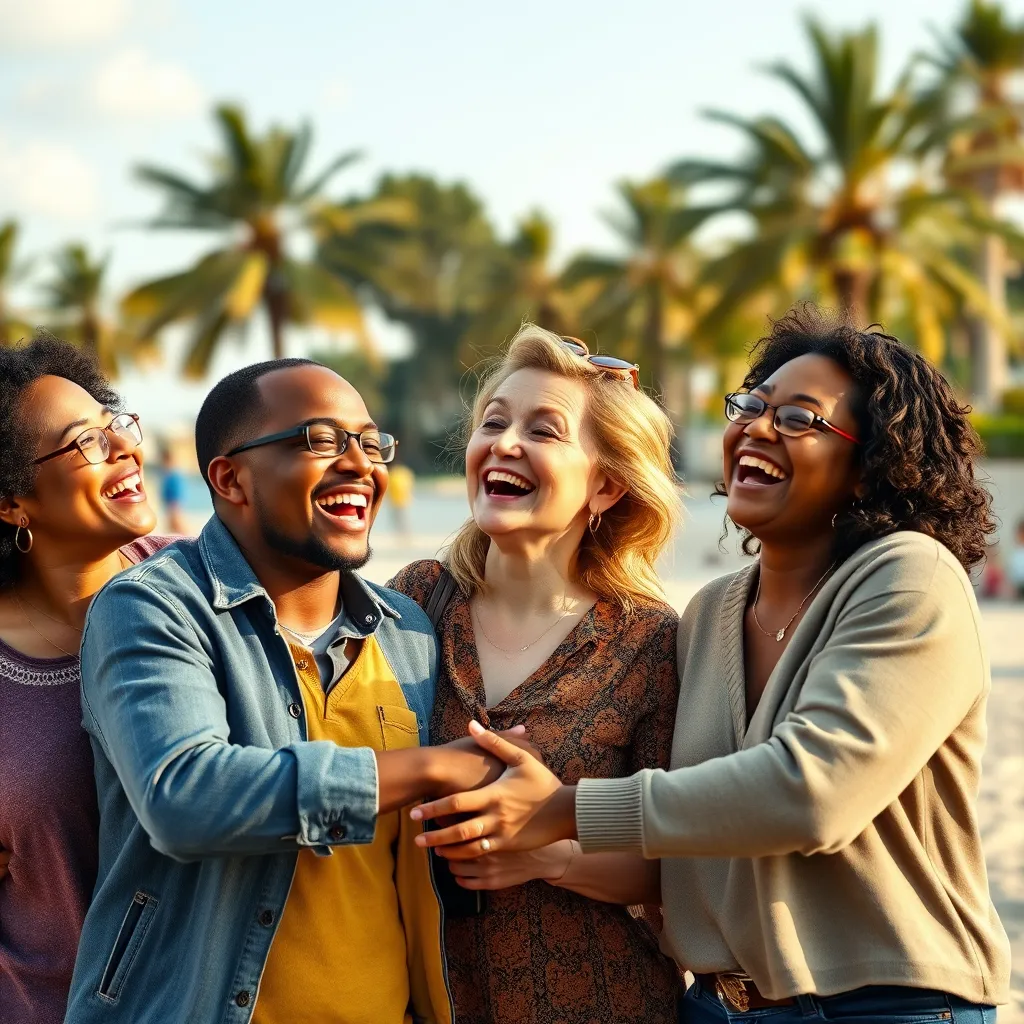 A photorealistic image of a diverse group of people laughing and enjoying themselves in a beautiful outdoor setting, such as a park or a beach. The image should depict a sense of joy, connection, and overall happiness, reflecting the positive impact of life coaching on their lives.