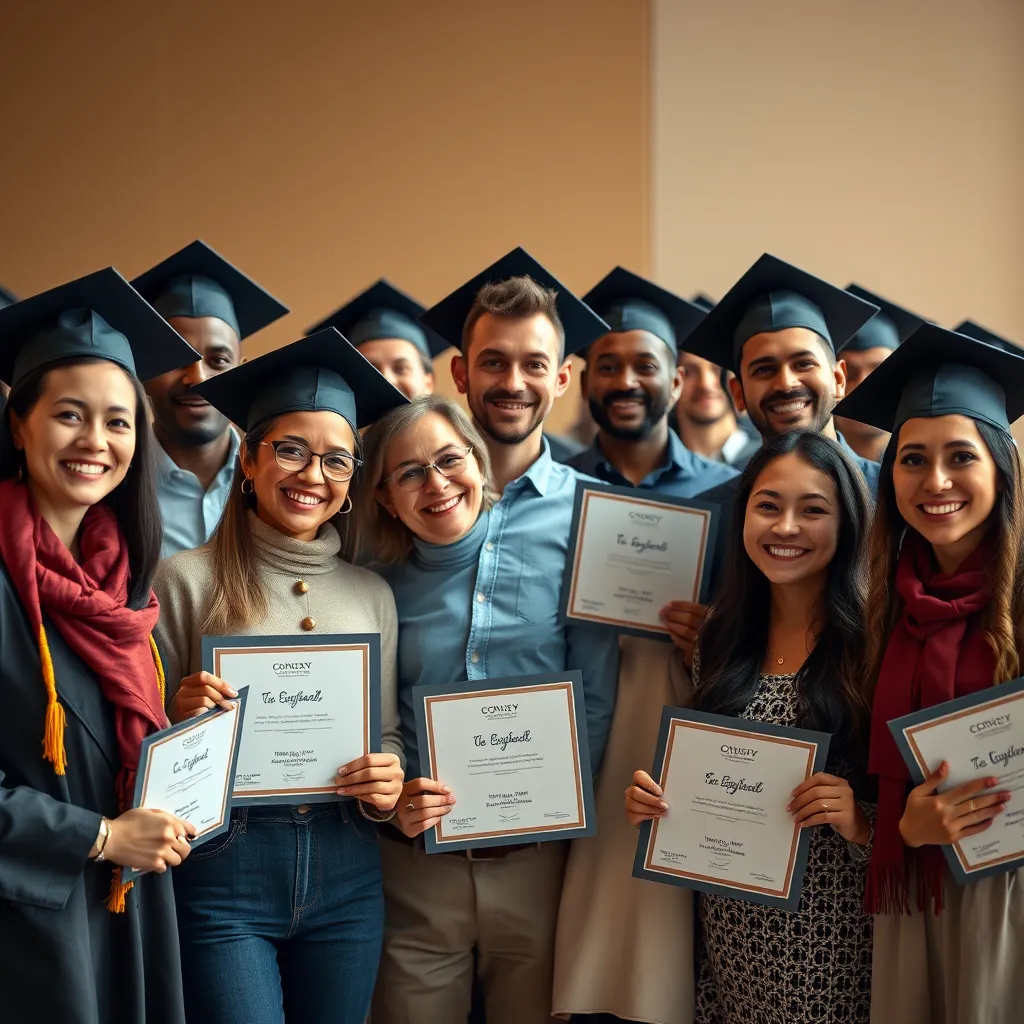 A photorealistic image of a diverse group of people of different ages and backgrounds standing together, smiling and celebrating their achievements. They are wearing graduation caps and holding certificates, symbolizing personal and professional growth.