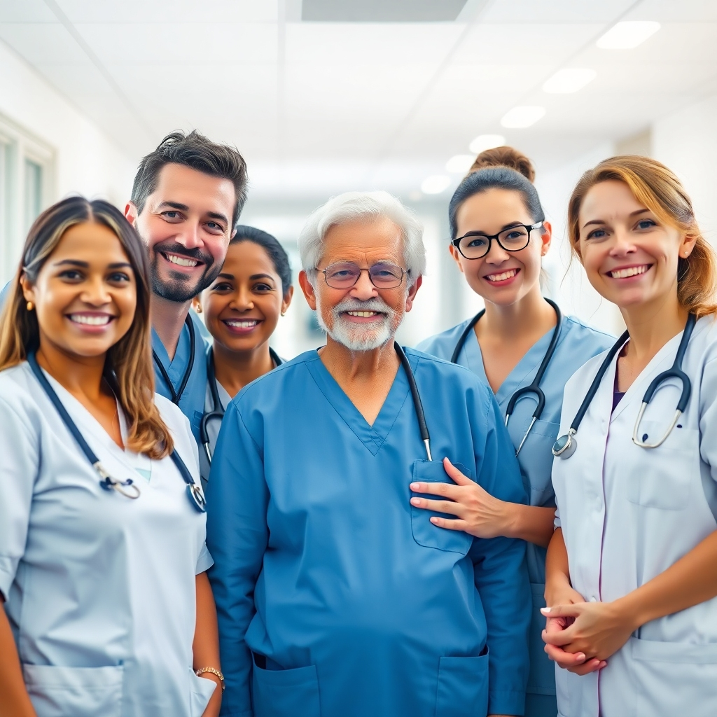 A photorealistic image of a diverse team of friendly, professional senior care providers in crisp, clean uniforms, smiling warmly and interacting with a happy senior in a bright, modern care facility. The background should be subtly blurred to emphasize the caregivers and the senior.  The overall mood should convey competence and compassion.