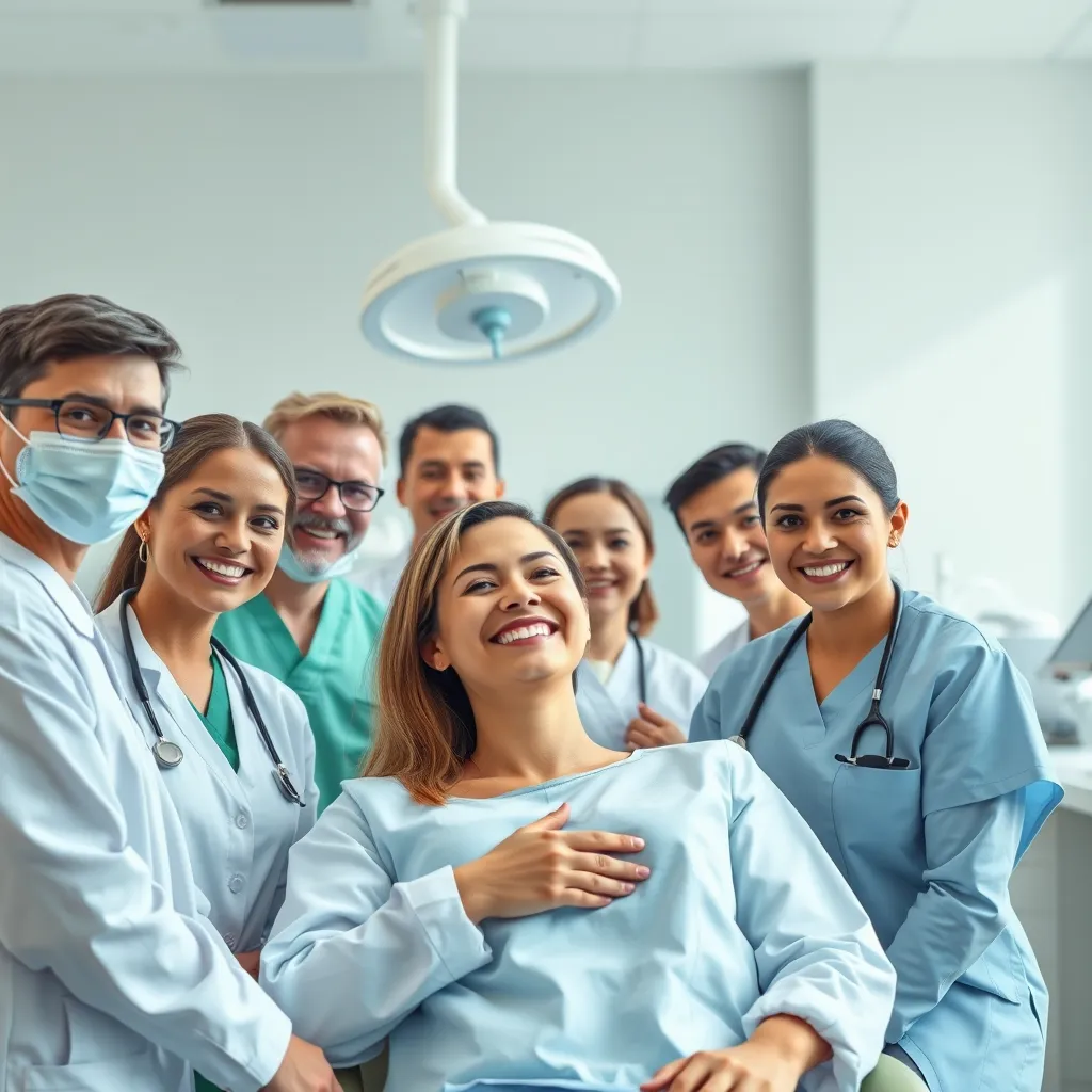 A photorealistic image of a diverse group of dentists and dental assistants in a brightly lit dental office. They are all smiling warmly and interacting with a patient in a relaxed and caring manner. The background features modern dental equipment and calming, natural colors.
