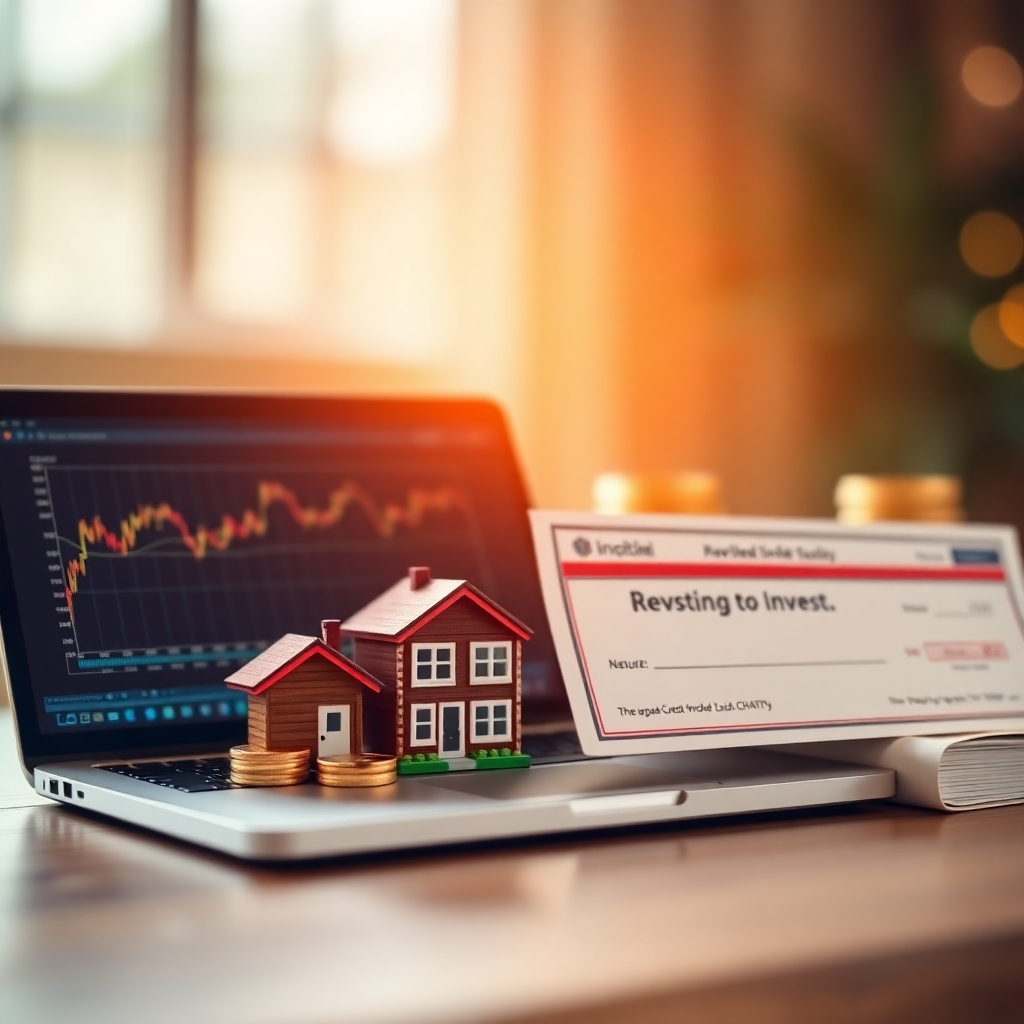 A photorealistic image of a diverse array of assets: a laptop with a stock market graph, a rental property miniature, a book on investing, and a royalty check.  These items should be artistically arranged to create a sense of wealth and opportunity. The lighting should be warm and inviting, and the overall tone should feel rich and luxurious. The background could be a subtle bokeh effect to emphasize the objects in the foreground.