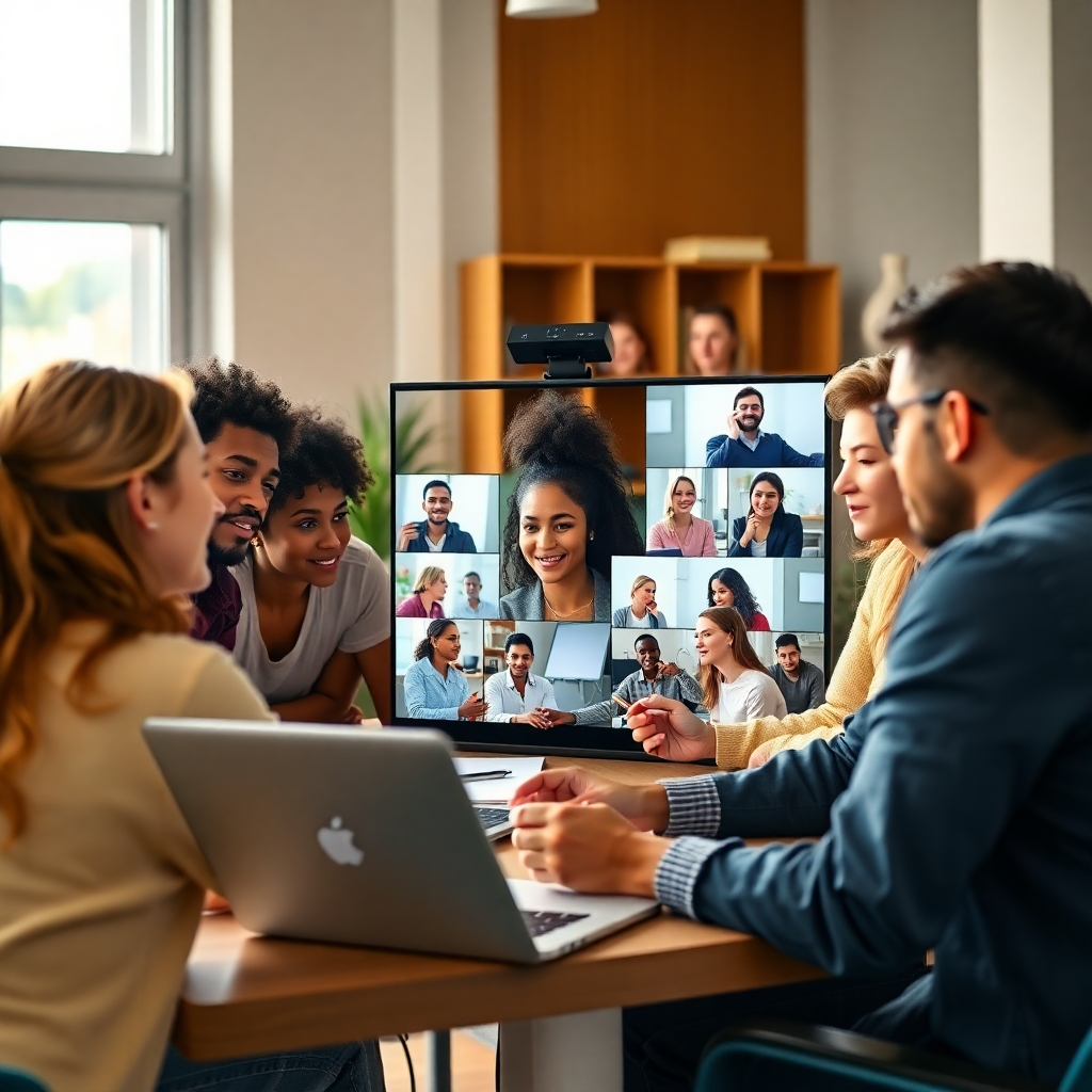 A photorealistic image of a diverse group of students engaged in an online workshop, interacting with an instructor through a video conferencing platform. Show a lively and collaborative atmosphere, with students actively participating and sharing their work. The image should emphasize the ease and convenience of online learning, using bright, positive lighting and clear visuals.