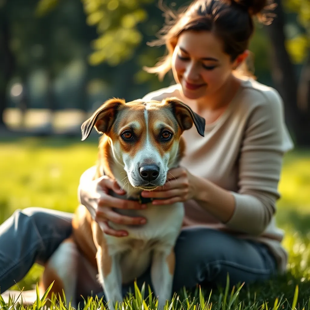 A photorealistic image of a dog owner and their dog, both looking calm and relaxed, sitting together in a park setting. The dog has its head resting on the owner's lap, while the owner gently pets the dog. The background features lush greenery and soft sunlight.